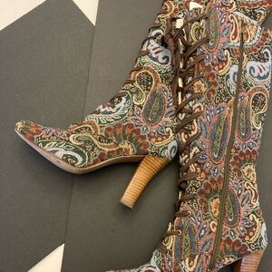 JC “Granny” Multicolor Paisley Tapestry Lace-Up Heeled Boots